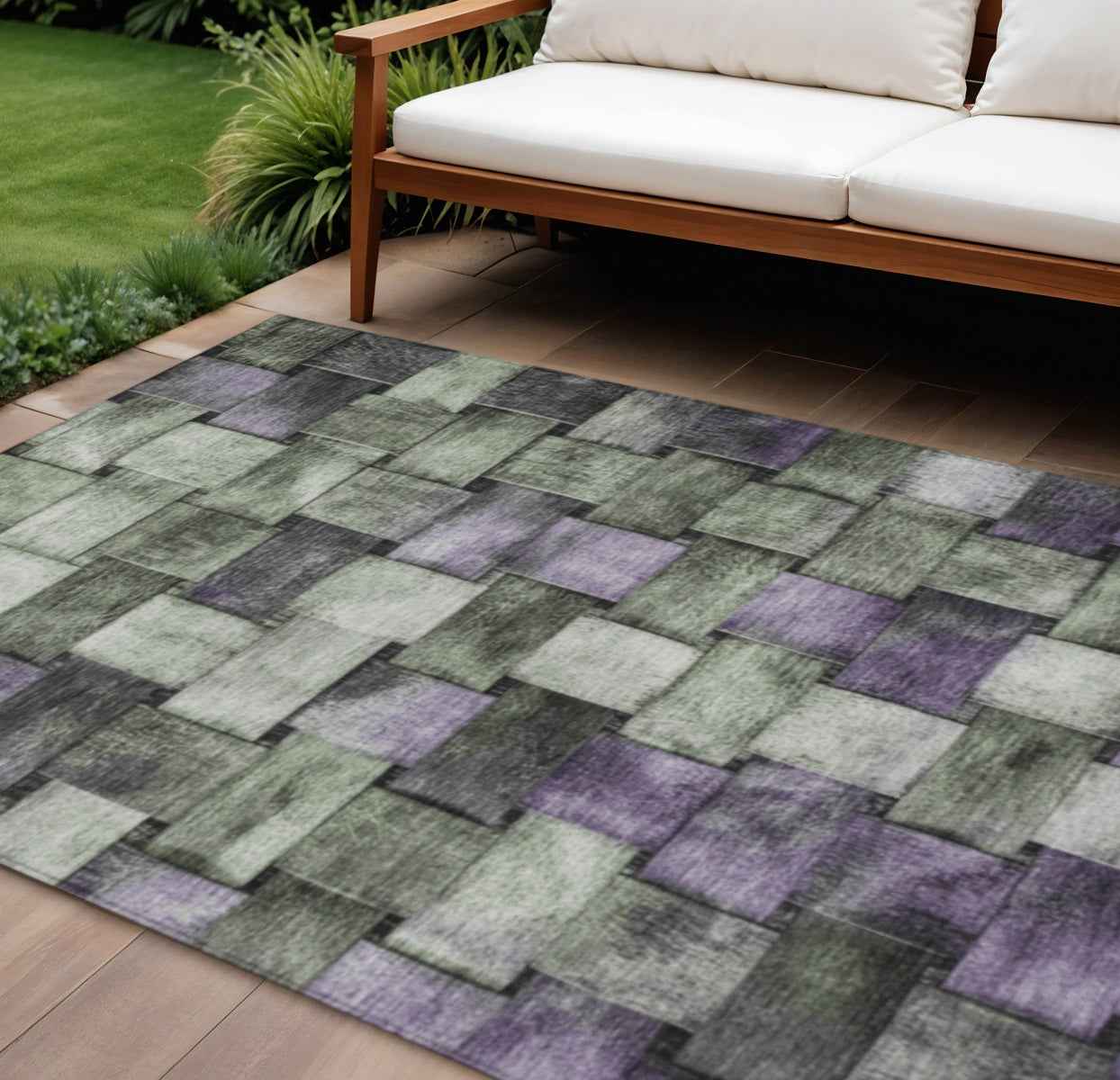 8' X 10' Sage And Purple Striped Washable Indoor Outdoor Area Rug