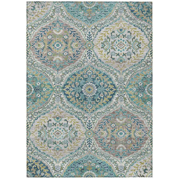 8' X 10' Teal Blue Fern Green And Beige Floral Washable Indoor Outdoor Area Rug