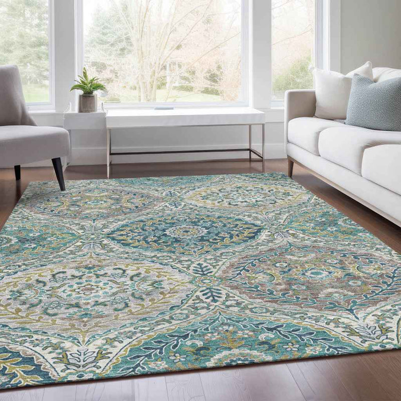 8' X 10' Teal Blue Fern Green And Beige Floral Washable Indoor Outdoor Area Rug