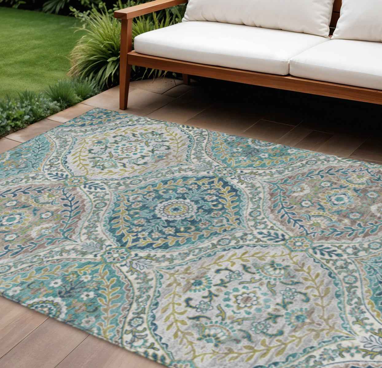 8' X 10' Teal Blue Fern Green And Beige Floral Washable Indoor Outdoor Area Rug