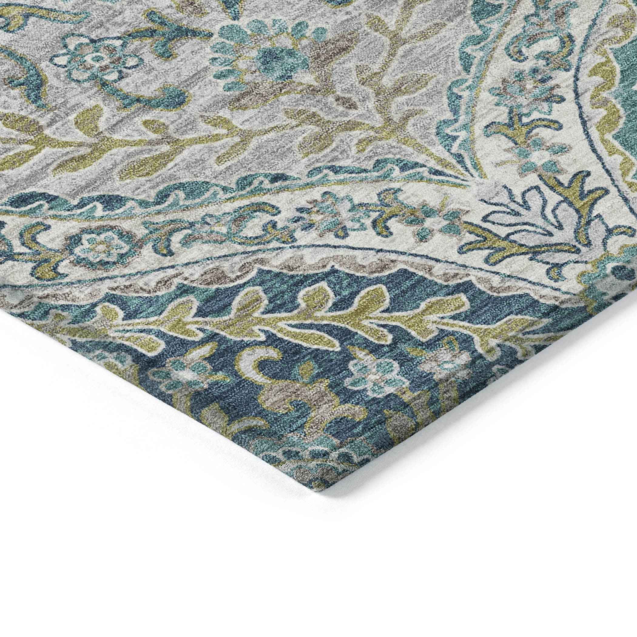 8' X 10' Teal Blue Fern Green And Beige Floral Washable Indoor Outdoor Area Rug