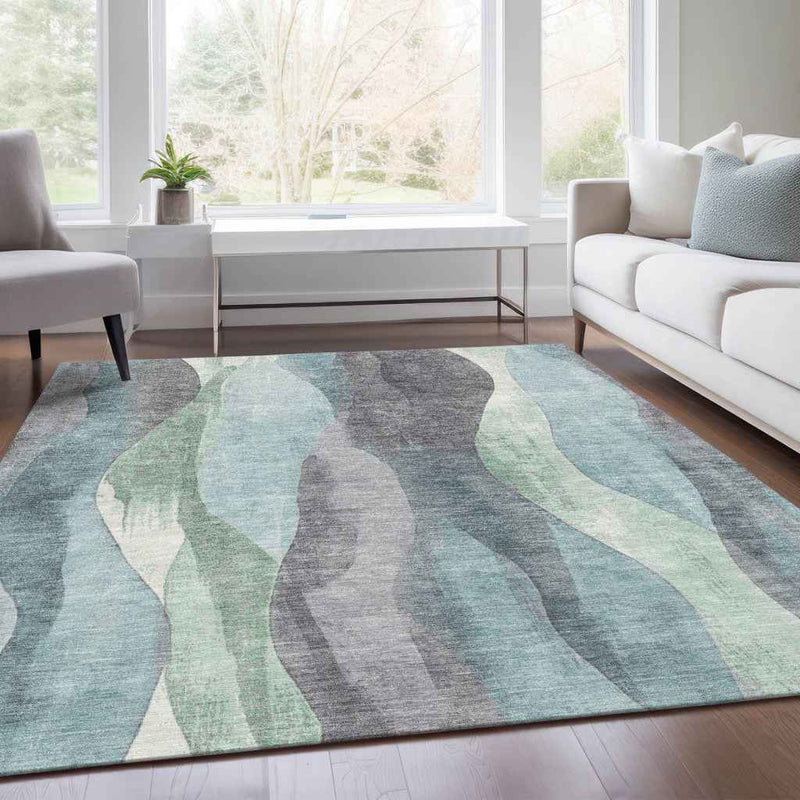 3' X 5' Teal Blue And Fern Green Abstract Washable Indoor Outdoor Area Rug