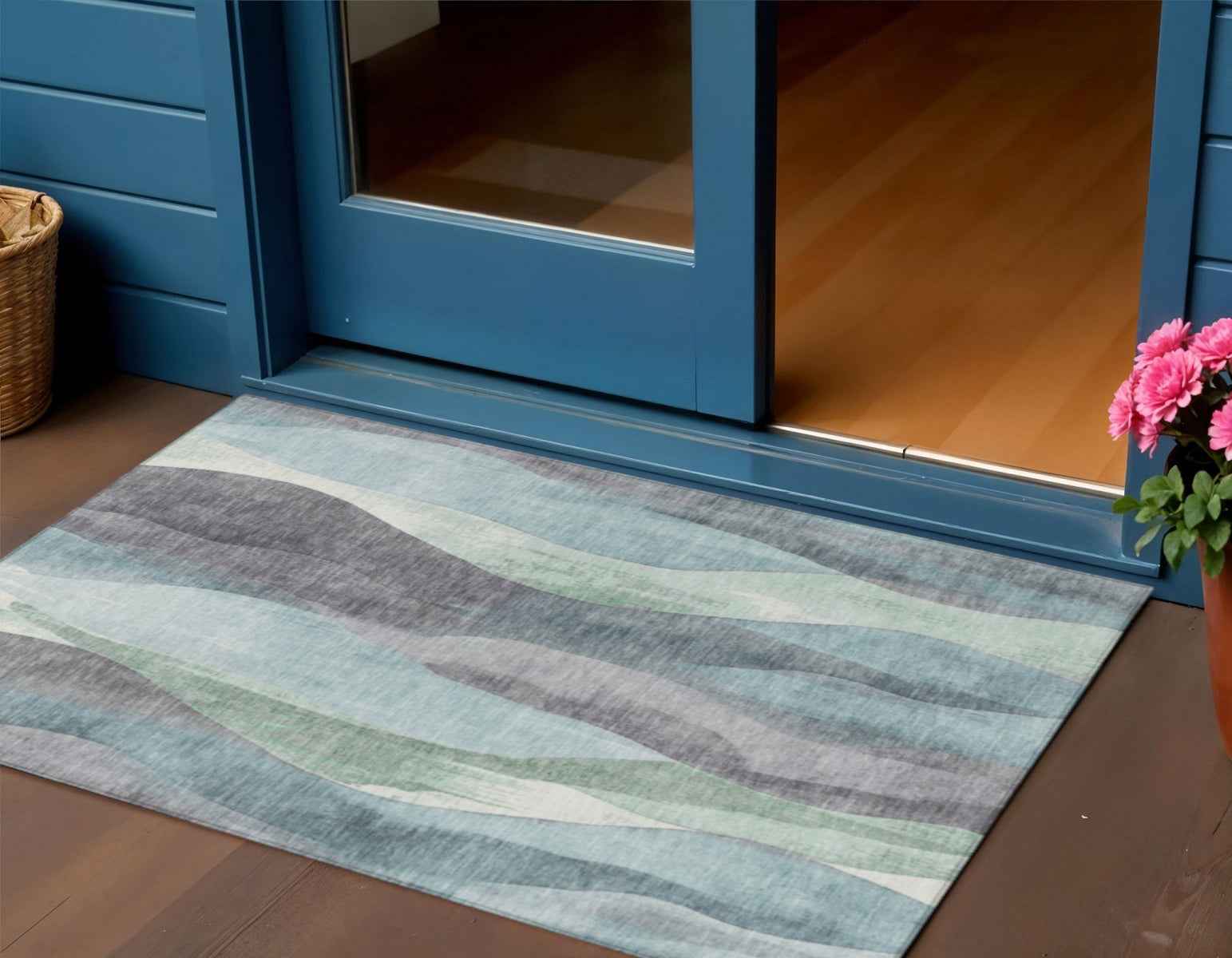 3' X 5' Teal Blue And Fern Green Abstract Washable Indoor Outdoor Area Rug