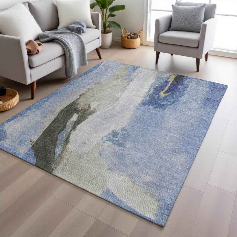 5' X 8' Denim Blue And Gray Abstract Washable Indoor Outdoor Area Rug