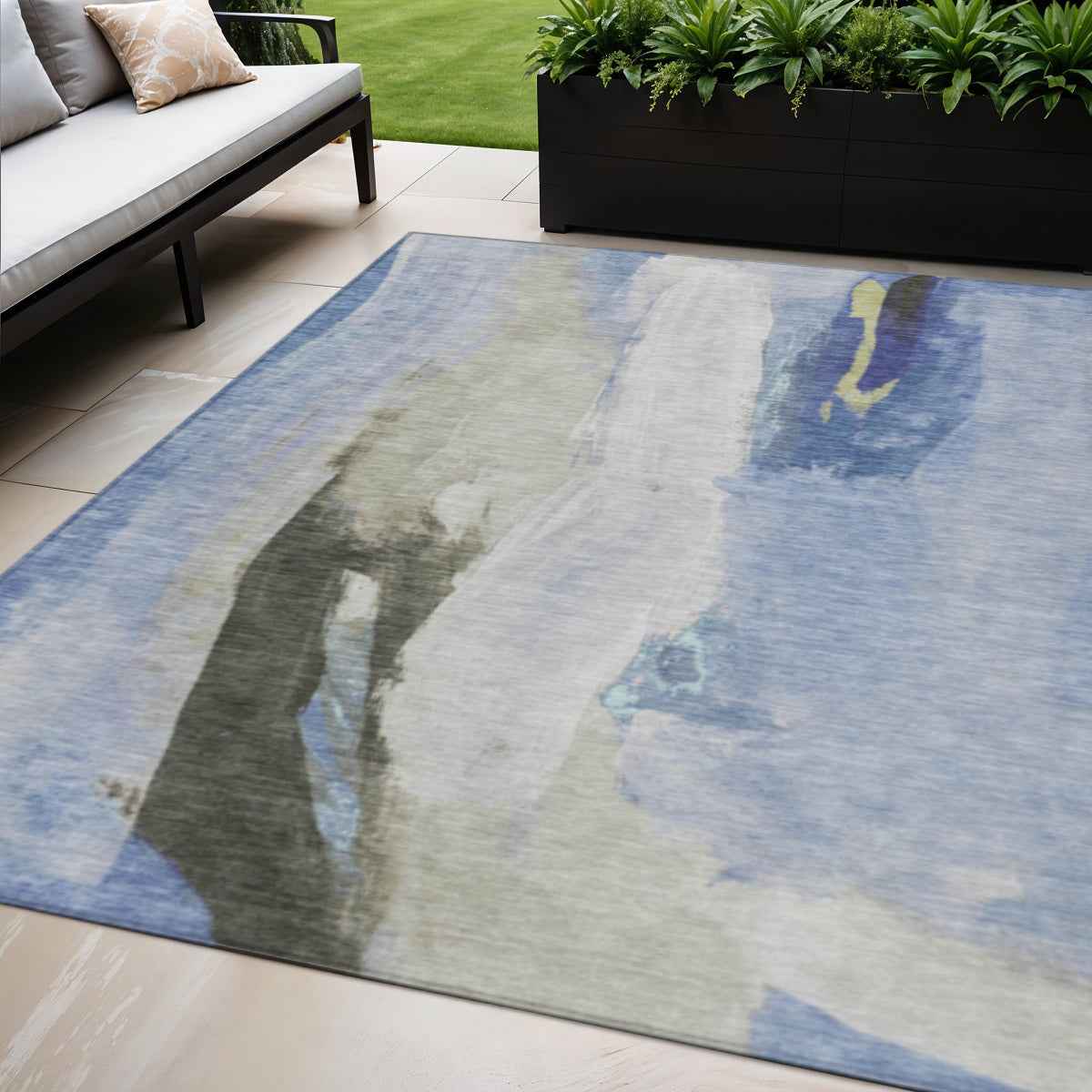 5' X 8' Denim Blue And Gray Abstract Washable Indoor Outdoor Area Rug