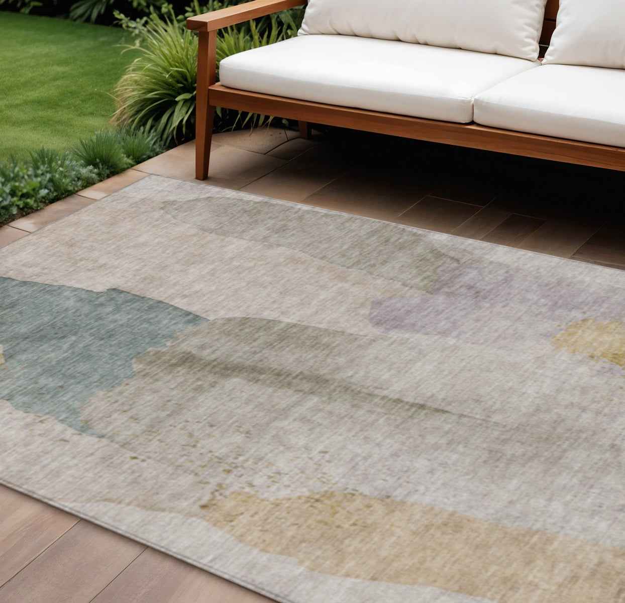 9' X 12' Beige And Taupe Abstract Washable Indoor Outdoor Area Rug