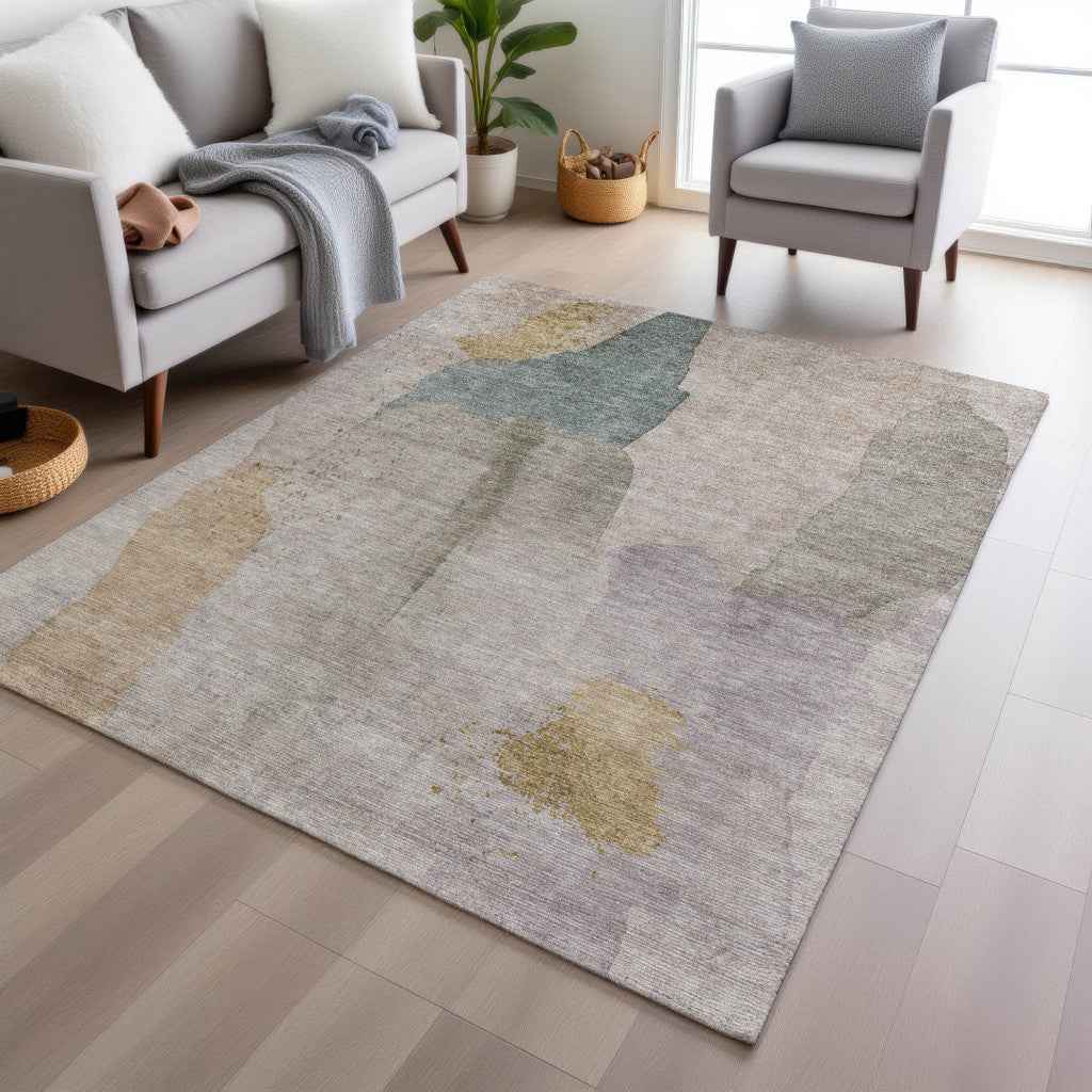 9' X 12' Beige And Taupe Abstract Washable Indoor Outdoor Area Rug