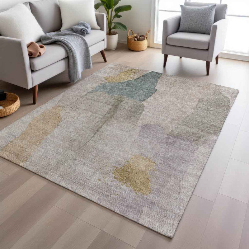 3' X 5' Beige And Taupe Abstract Washable Indoor Outdoor Area Rug