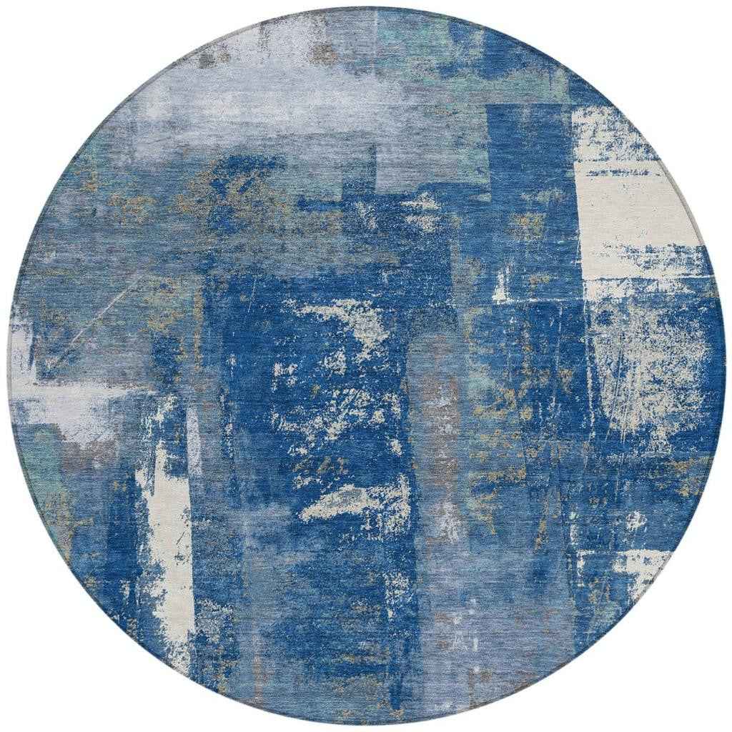 8' Navy Blue And Ivory Round Abstract Washable Indoor Outdoor Area Rug