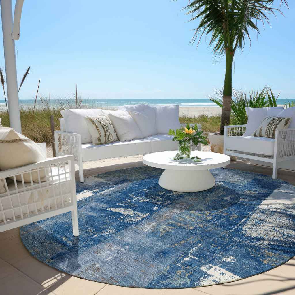 8' Navy Blue And Ivory Round Abstract Washable Indoor Outdoor Area Rug