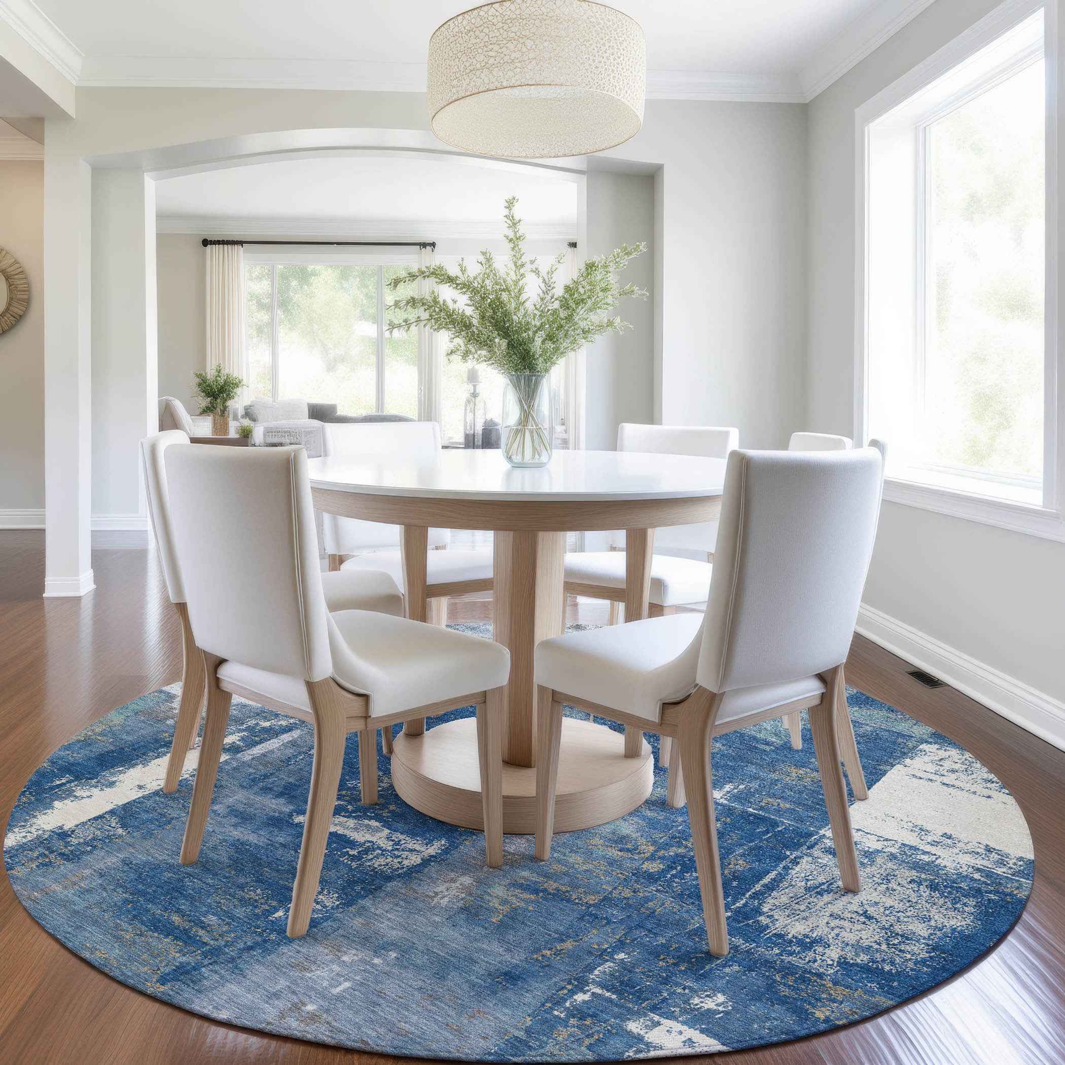 8' Navy Blue And Ivory Round Abstract Washable Indoor Outdoor Area Rug