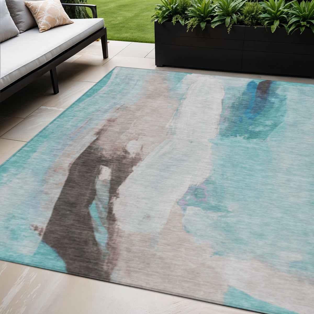 5' X 8' Teal Blue And Brown Abstract Washable Indoor Outdoor Area Rug