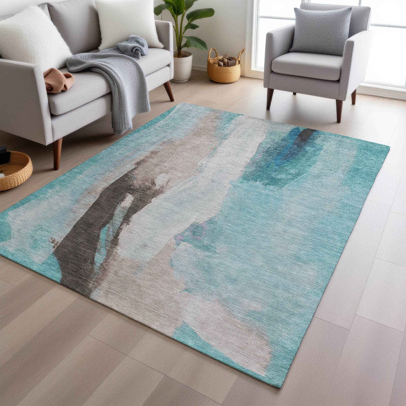 5' X 8' Teal Blue And Brown Abstract Washable Indoor Outdoor Area Rug