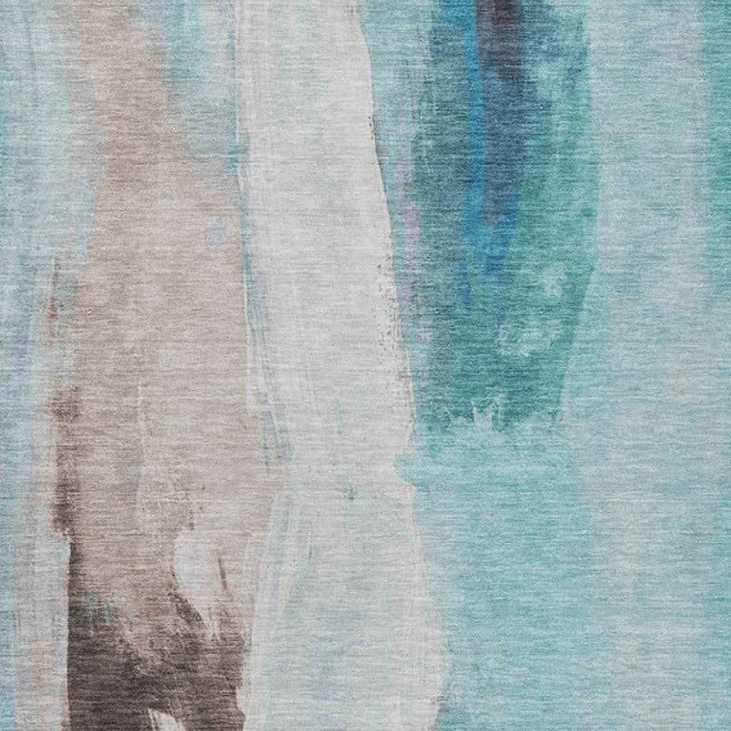 5' X 8' Teal Blue And Brown Abstract Washable Indoor Outdoor Area Rug