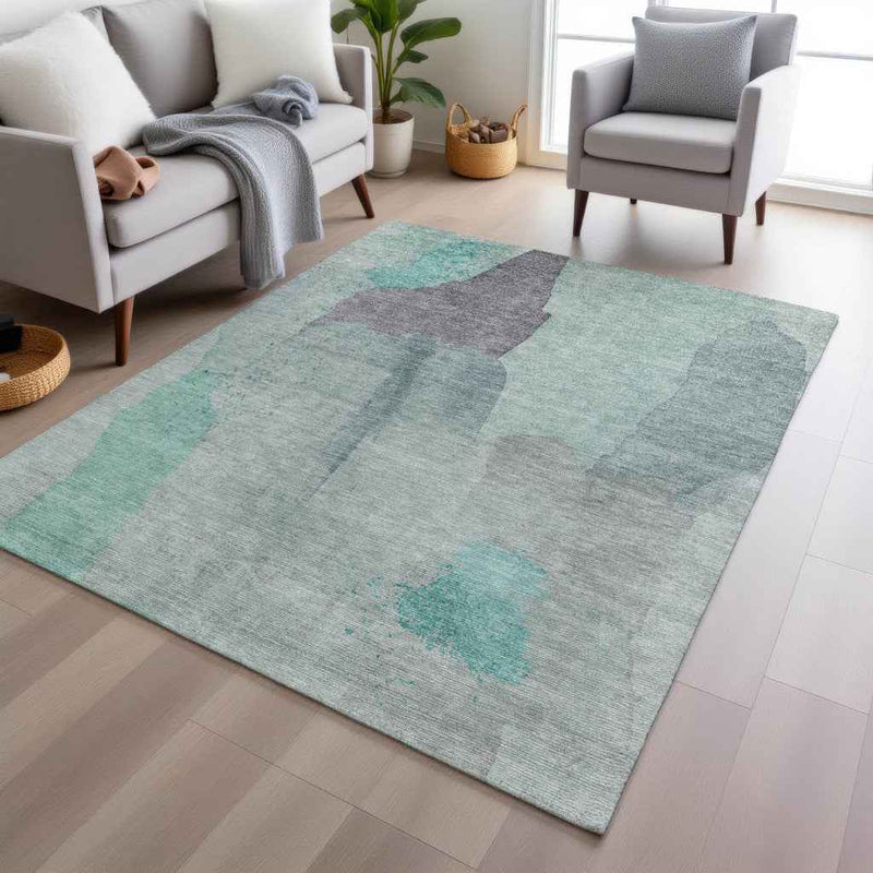9' X 12' Teal Blue And Aqua Abstract Washable Indoor Outdoor Area Rug