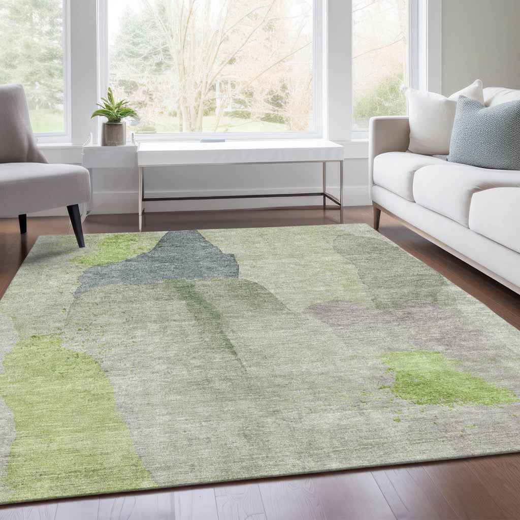5' X 8' Artichoke Green And Taupe Abstract Washable Indoor Outdoor Area Rug