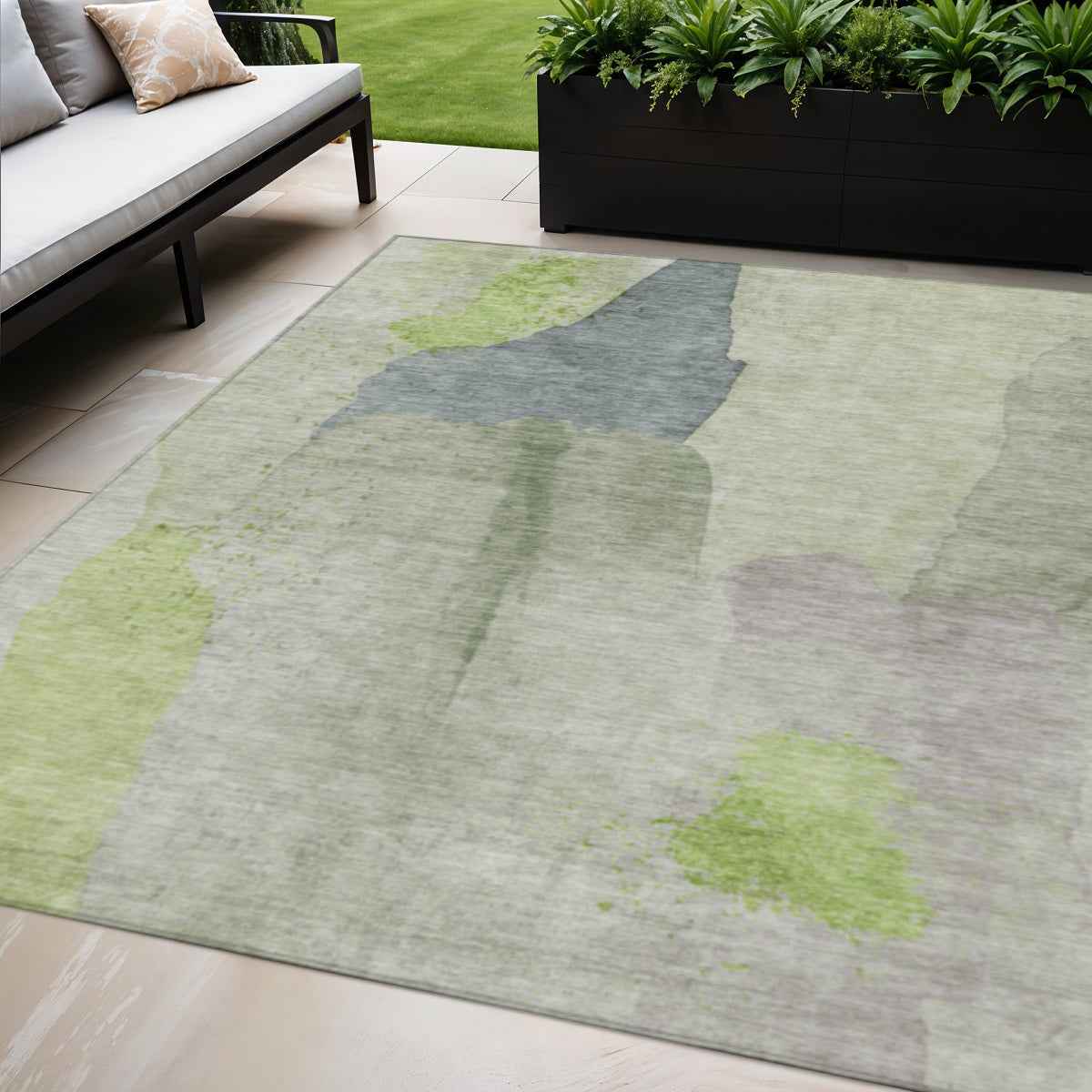 5' X 8' Artichoke Green And Taupe Abstract Washable Indoor Outdoor Area Rug