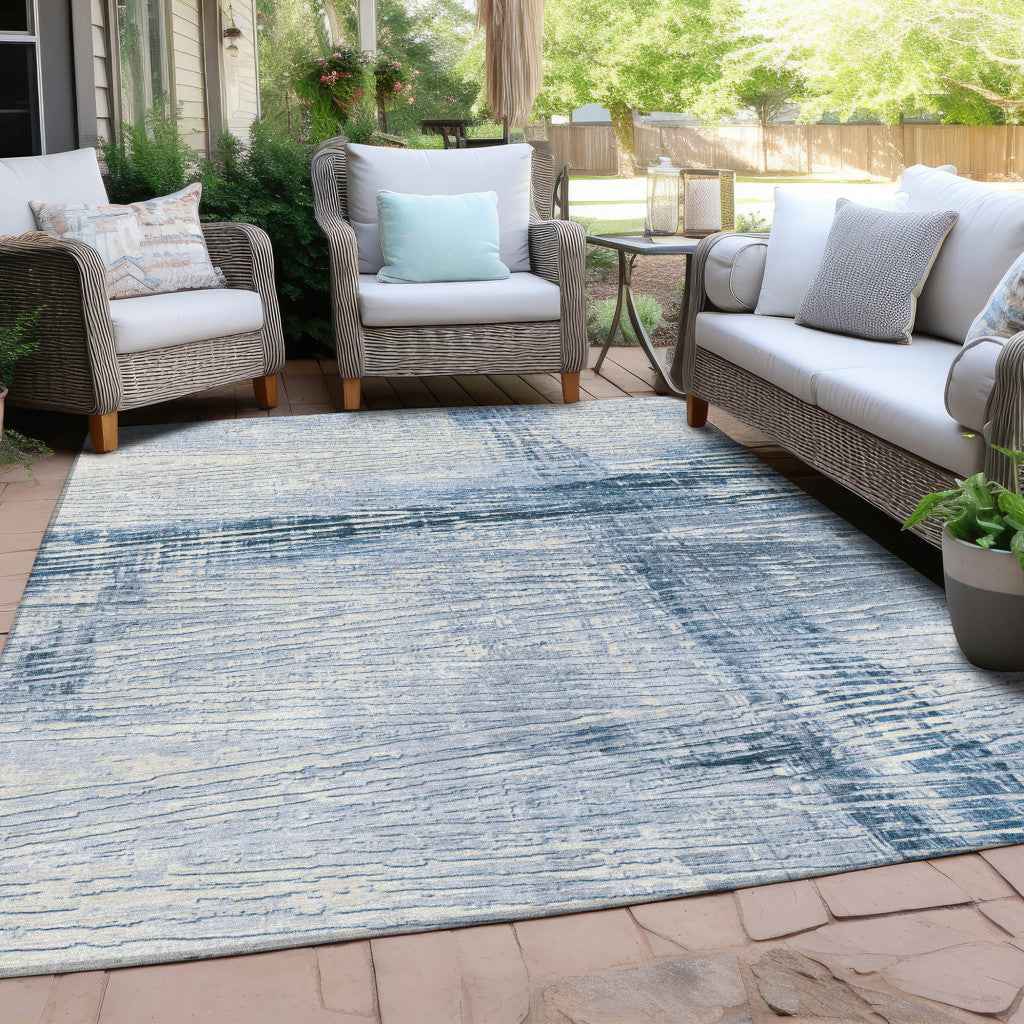 10' X 14' Sky Blue And Ivory Striped Washable Indoor Outdoor Area Rug