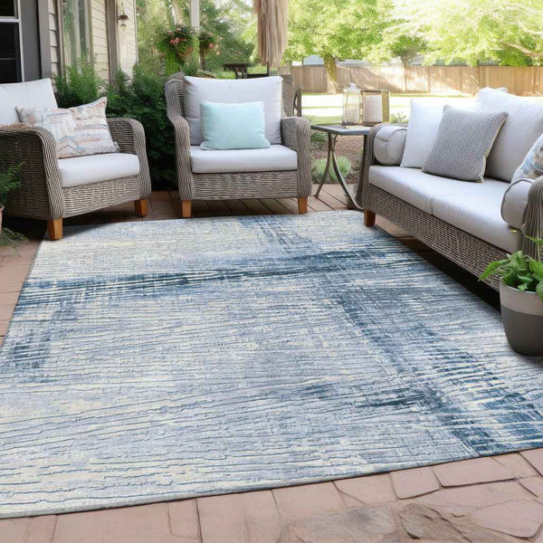 10' X 14' Sky Blue And Ivory Striped Washable Indoor Outdoor Area Rug