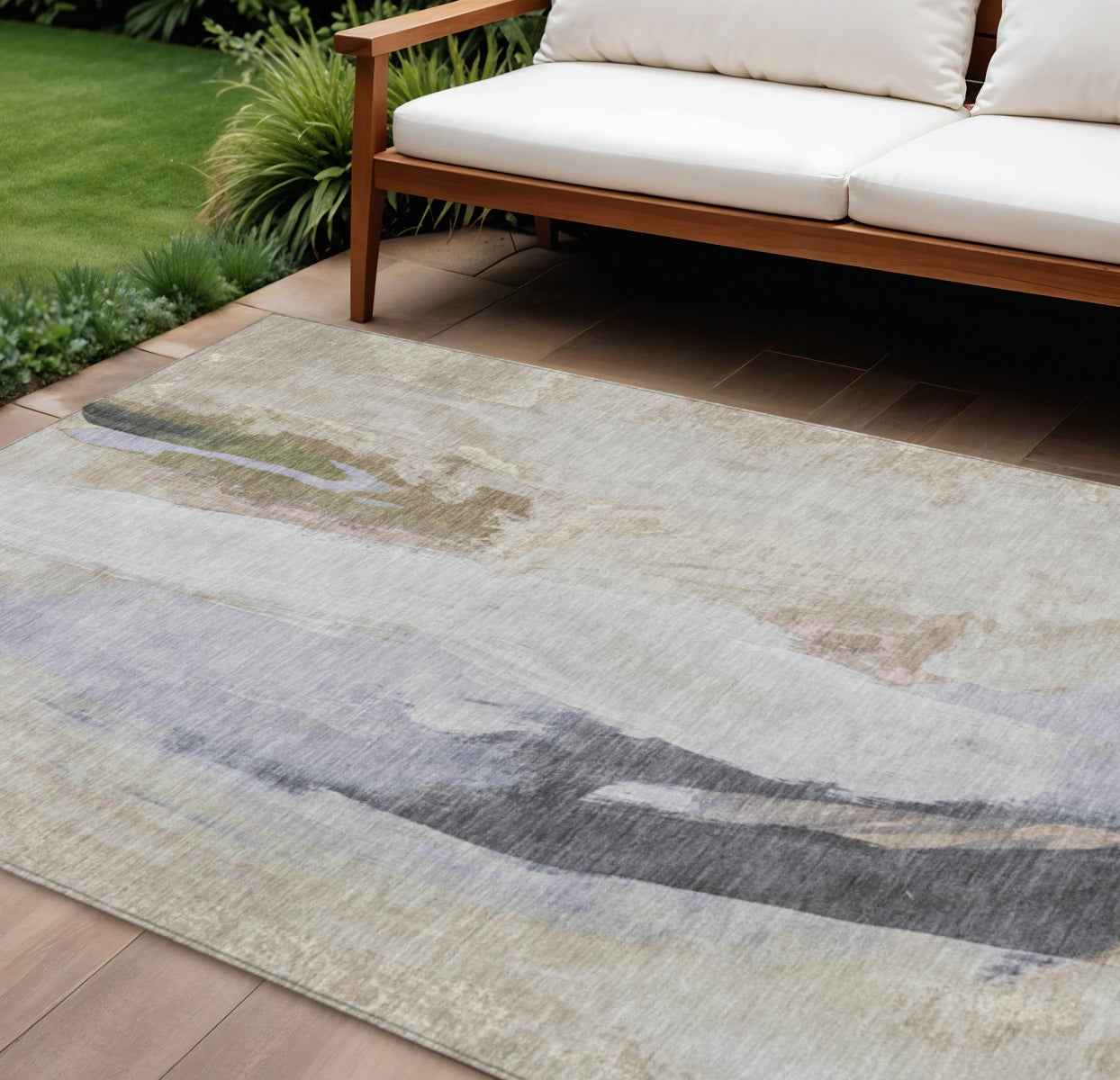 9' X 12' Ivory And Charcoal Abstract Washable Indoor Outdoor Area Rug