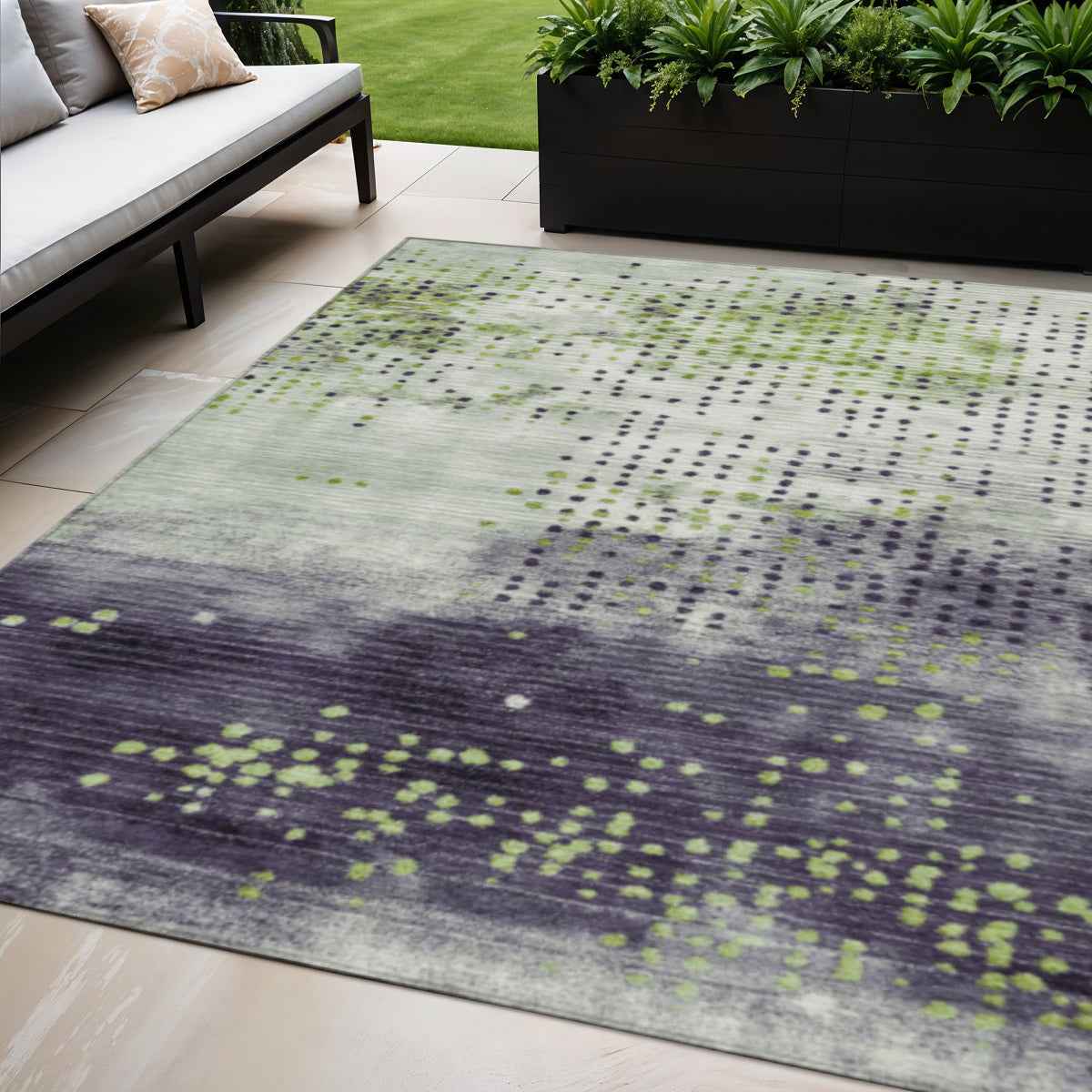 5' X 8' Artichoke Green And Purple Geometric Washable Indoor Outdoor Area Rug