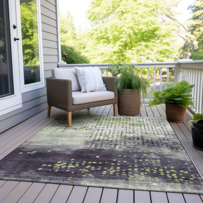 5' X 8' Artichoke Green And Purple Geometric Washable Indoor Outdoor Area Rug