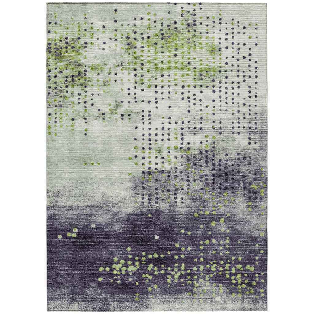 5' X 8' Artichoke Green And Purple Geometric Washable Indoor Outdoor Area Rug