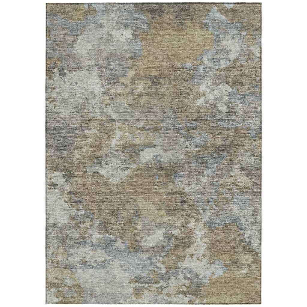 9' X 12' Gold And Ivory Abstract Washable Indoor Outdoor Area Rug