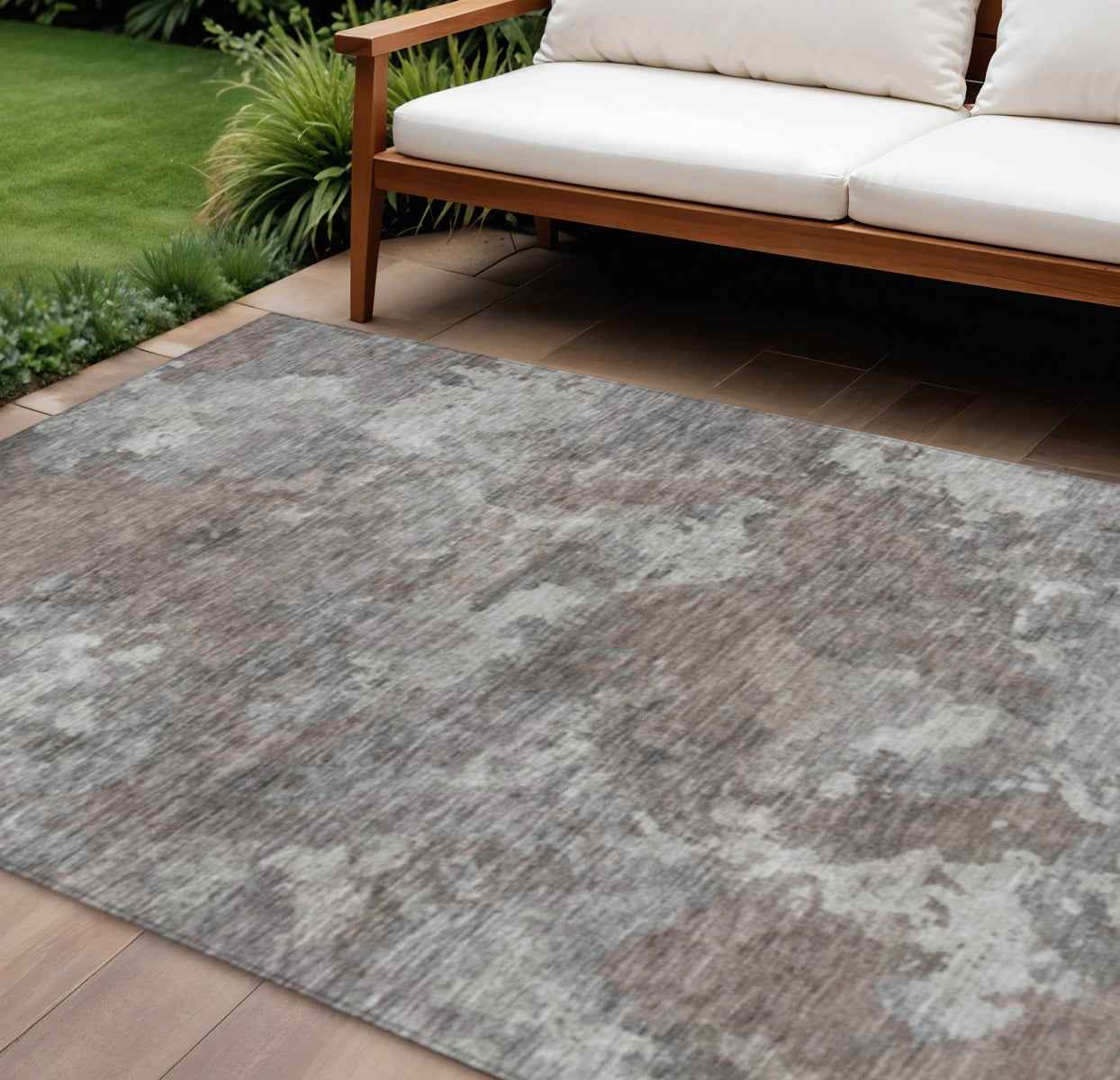 9' X 12' Brown And Ivory Abstract Washable Indoor Outdoor Area Rug