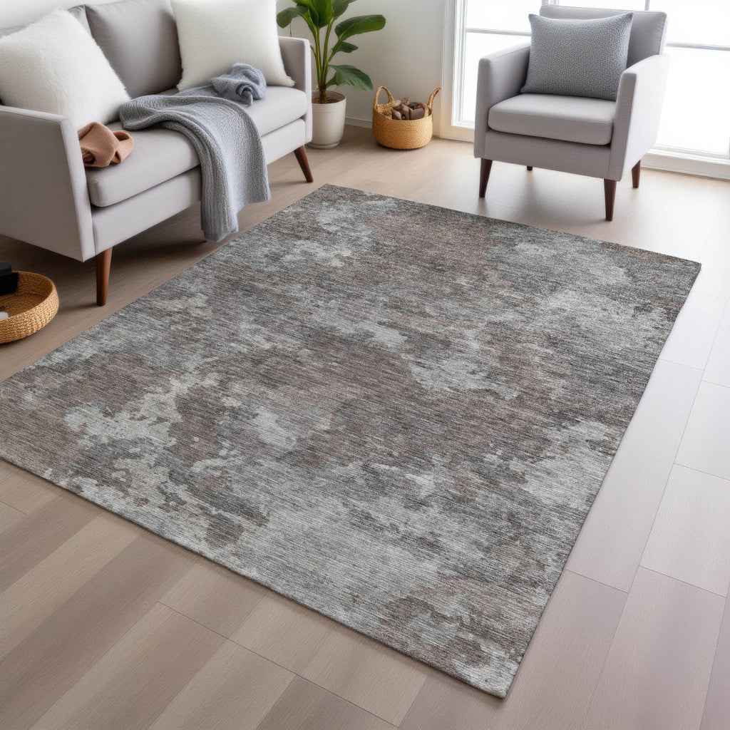 9' X 12' Brown And Ivory Abstract Washable Indoor Outdoor Area Rug