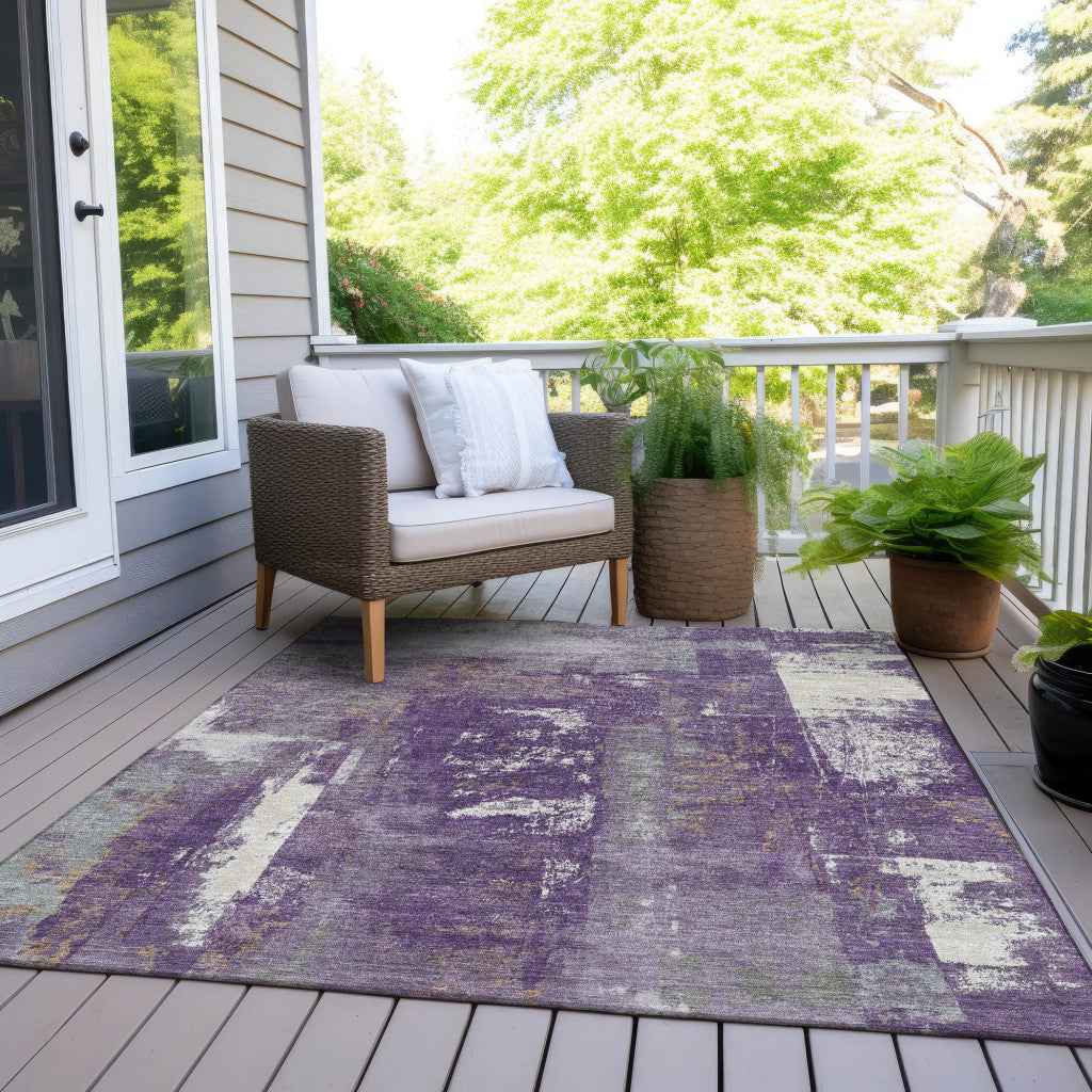 3' X 5' Purple And Ivory Abstract Washable Indoor Outdoor Area Rug