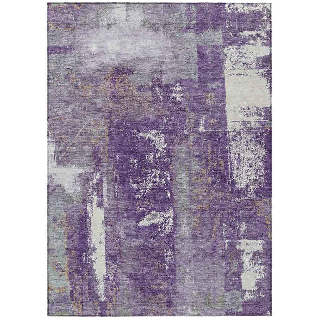 3' X 5' Purple And Ivory Abstract Washable Indoor Outdoor Area Rug