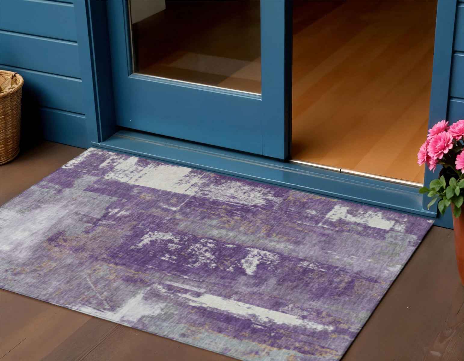 3' X 5' Purple And Ivory Abstract Washable Indoor Outdoor Area Rug