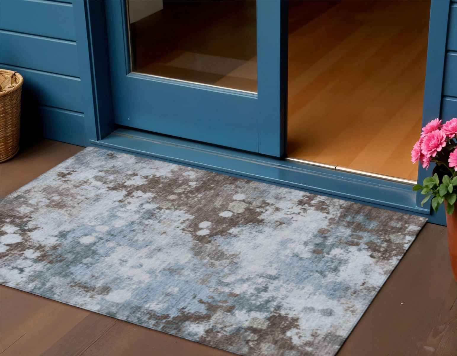 3' X 5' Sky Blue And Brown Abstract Washable Indoor Outdoor Area Rug