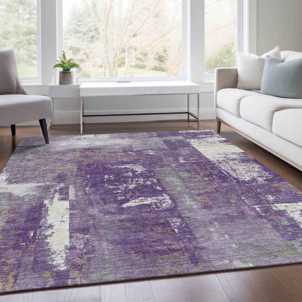 5' X 8' Purple And Ivory Abstract Washable Indoor Outdoor Area Rug
