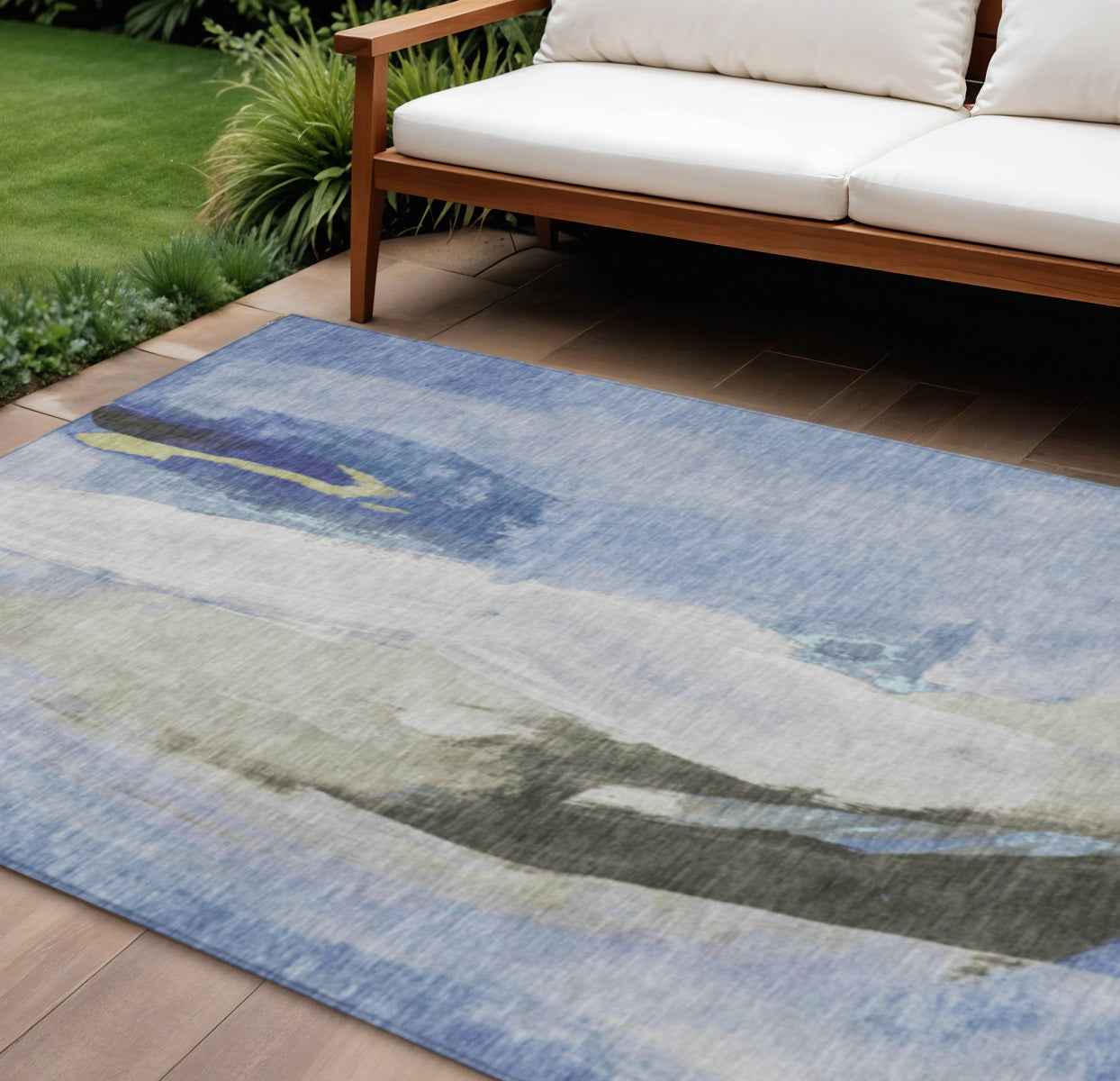 9' X 12' Denim Blue And Gray Abstract Washable Indoor Outdoor Area Rug