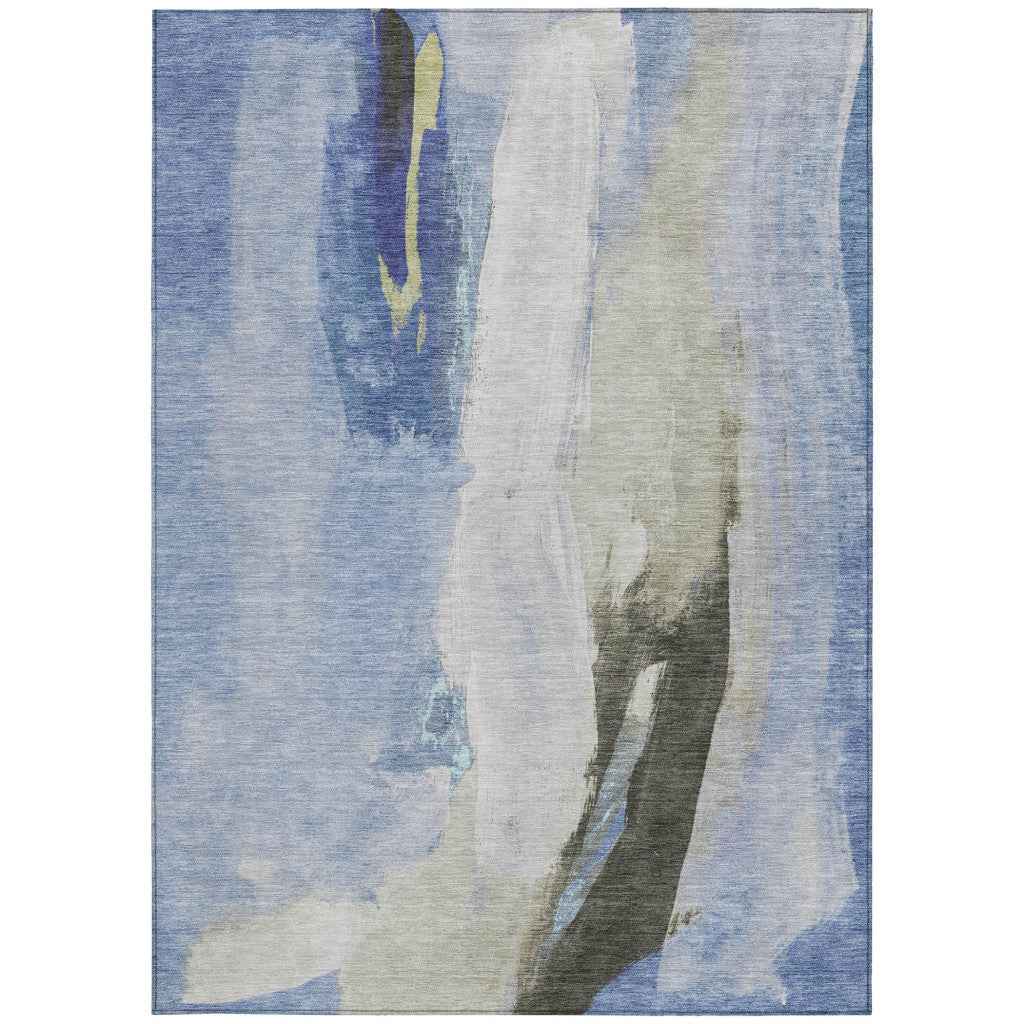 9' X 12' Denim Blue And Gray Abstract Washable Indoor Outdoor Area Rug