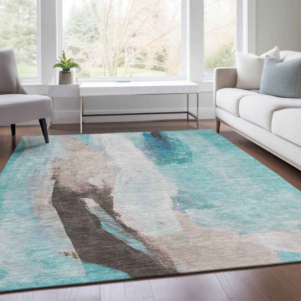 3' X 5' Teal Blue And Brown Abstract Washable Indoor Outdoor Area Rug