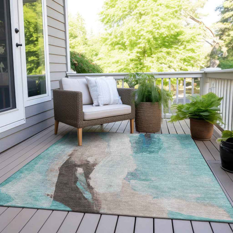 3' X 5' Teal Blue And Brown Abstract Washable Indoor Outdoor Area Rug
