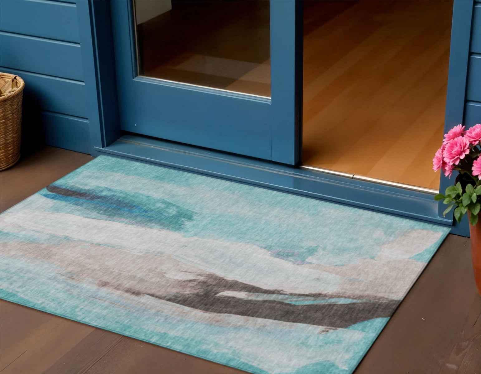 3' X 5' Teal Blue And Brown Abstract Washable Indoor Outdoor Area Rug