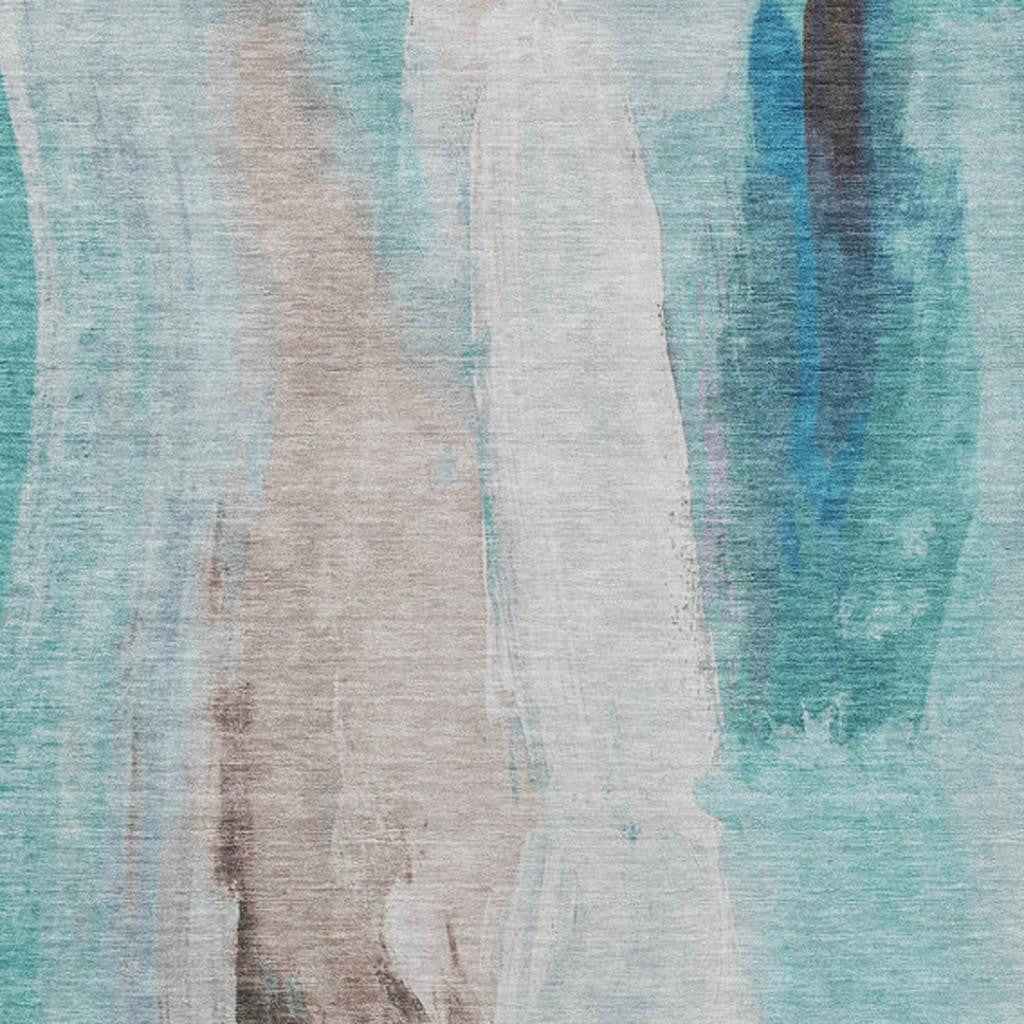 3' X 5' Teal Blue And Brown Abstract Washable Indoor Outdoor Area Rug