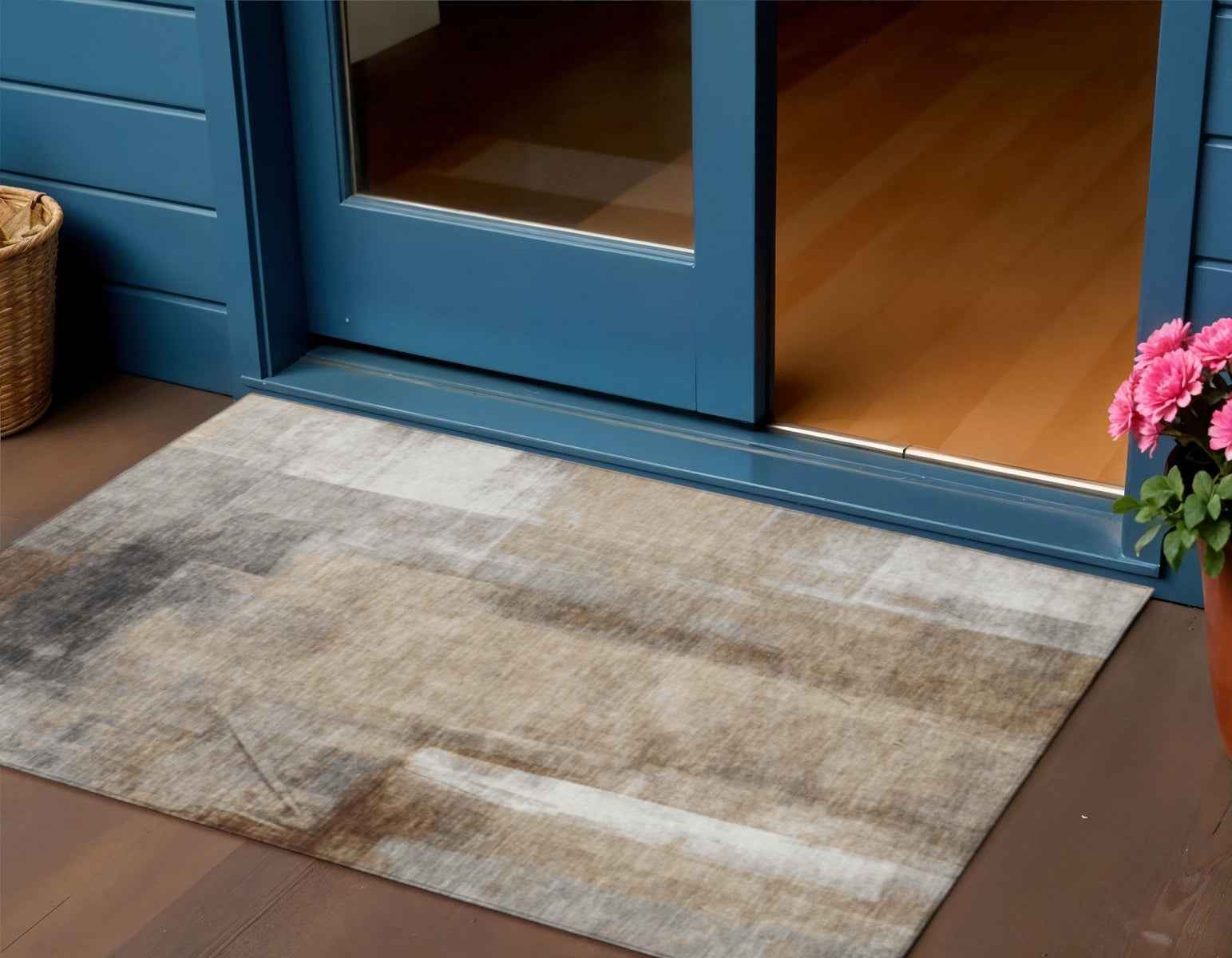 3' X 5' Beige And Ivory Abstract Washable Indoor Outdoor Area Rug