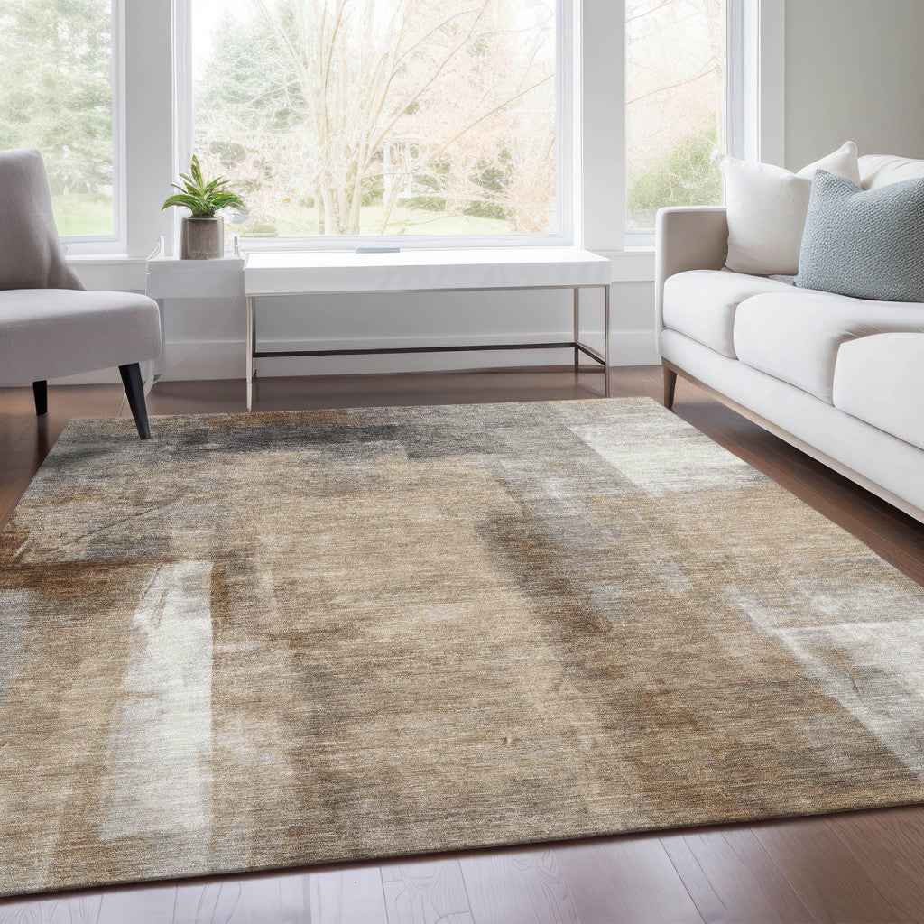 3' X 5' Beige And Ivory Abstract Washable Indoor Outdoor Area Rug