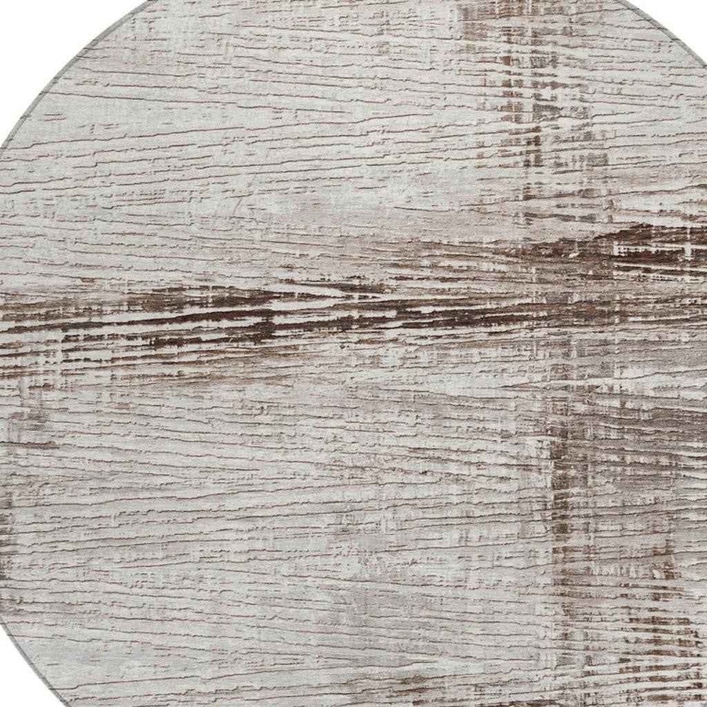 8' Taupe And Ivory Round Striped Washable Indoor Outdoor Area Rug