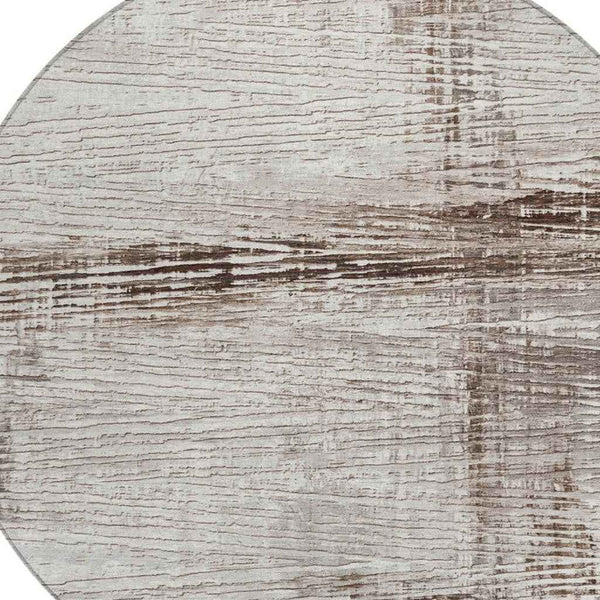 8' Taupe And Ivory Round Striped Washable Indoor Outdoor Area Rug