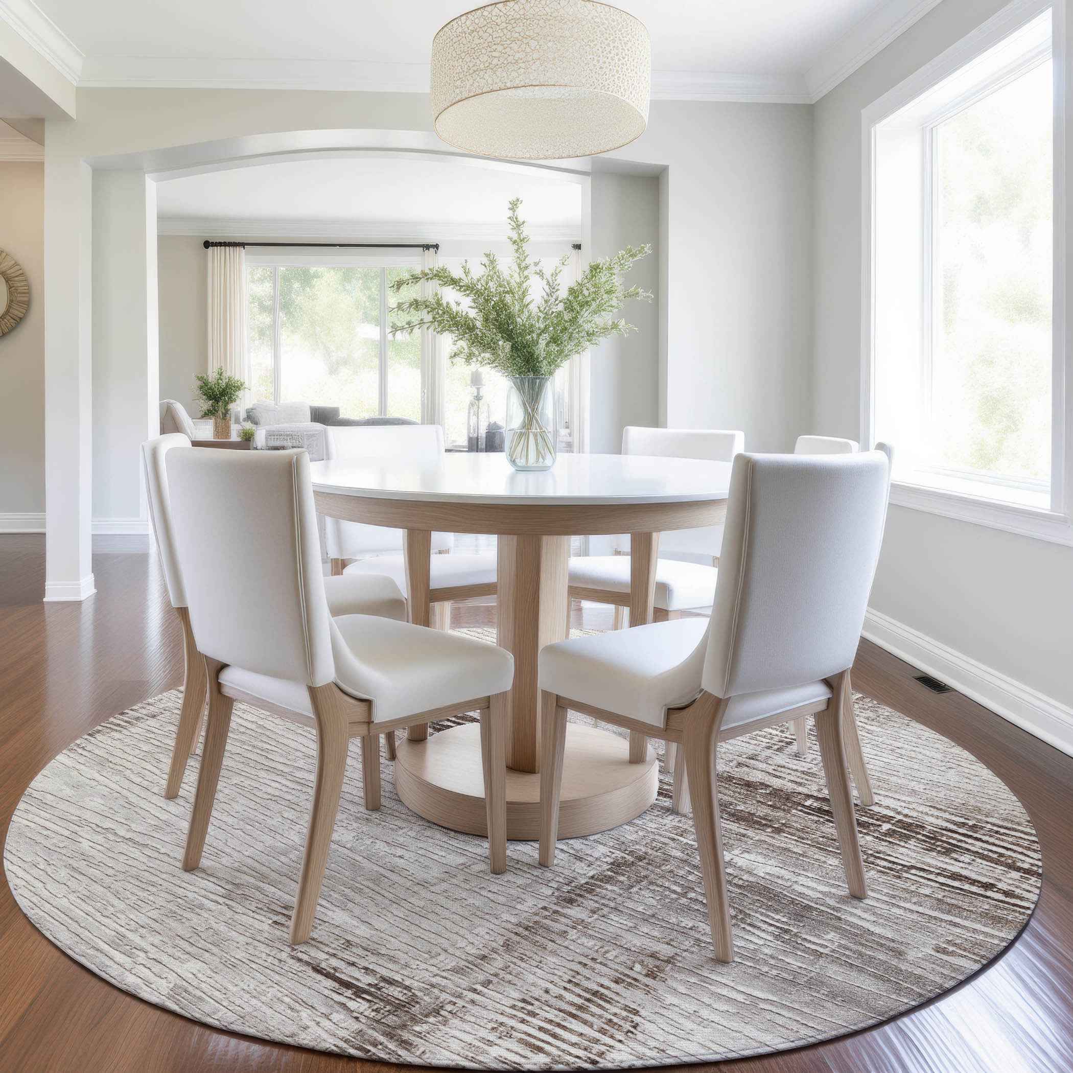 8' Taupe And Ivory Round Striped Washable Indoor Outdoor Area Rug