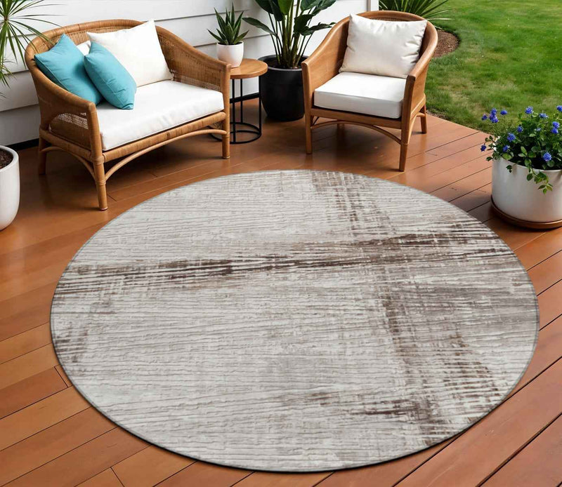 8' Taupe And Ivory Round Striped Washable Indoor Outdoor Area Rug