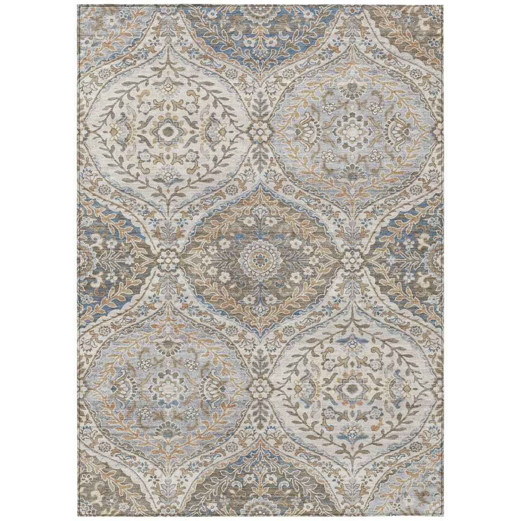 10' X 14' Beige Gold And Denim Blue Floral Washable Indoor Outdoor Area Rug