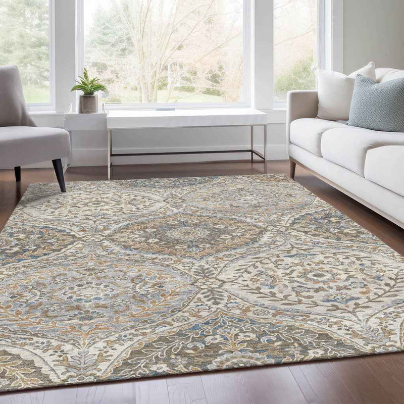 10' X 14' Beige Gold And Denim Blue Floral Washable Indoor Outdoor Area Rug