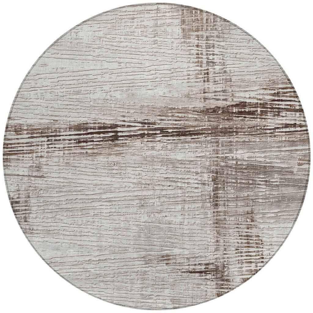 8' Taupe And Ivory Round Striped Washable Indoor Outdoor Area Rug